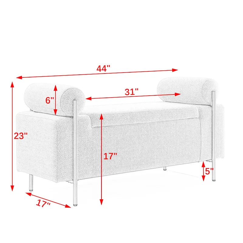Velvet Storage Ottoman Bench with Cylindrical Arms and Iron Legs