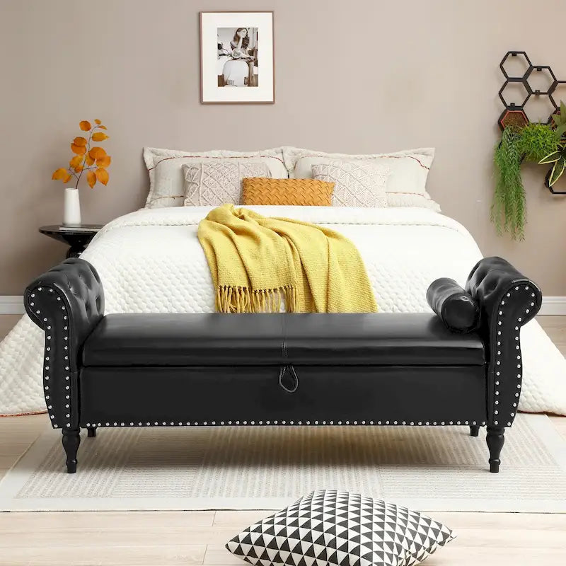63 PU Upholstered End of Bed Bench with Flip Top Storage and Nailhead Trim