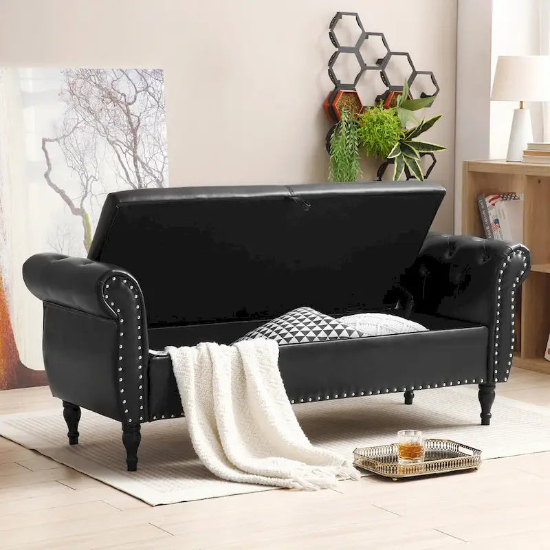 63 PU Upholstered End of Bed Bench with Flip Top Storage and Nailhead Trim