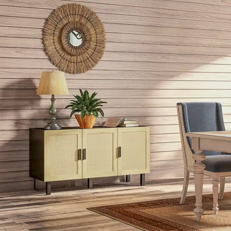 Sideboard Buffet Cabinet, Kitchen Cabinet, Coffee Bar Cabinet with 3 Rattan Doors and Adjustable Shelves, Black and Natural