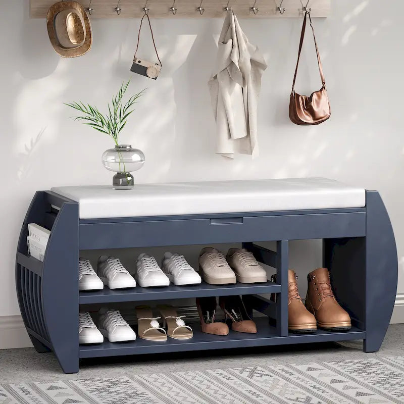 Retro Multifunctional Storage Bench with Cushion and Curved Side Panel for Entrance and Living room