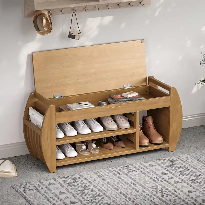 Retro Multifunctional Storage Bench with Cushion and Curved Side Panel for Entrance and Living room