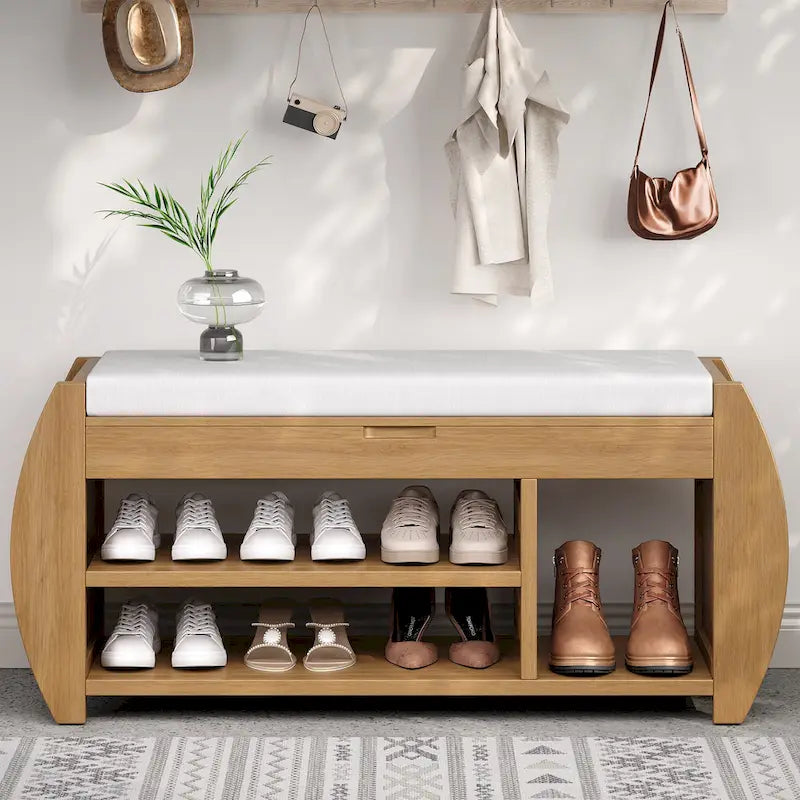 Retro Multifunctional Storage Bench with Cushion and Curved Side Panel for Entrance and Living room