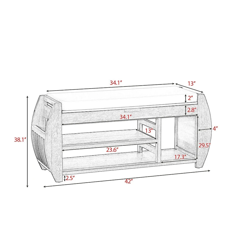 Retro Multifunctional Storage Bench with Cushion and Curved Side Panel for Entrance and Living room