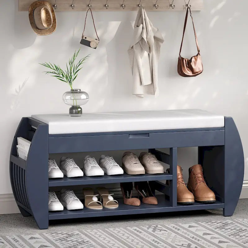 Retro Multifunctional Storage Bench with Cushion and Curved Side Panel for Entrance and Living room