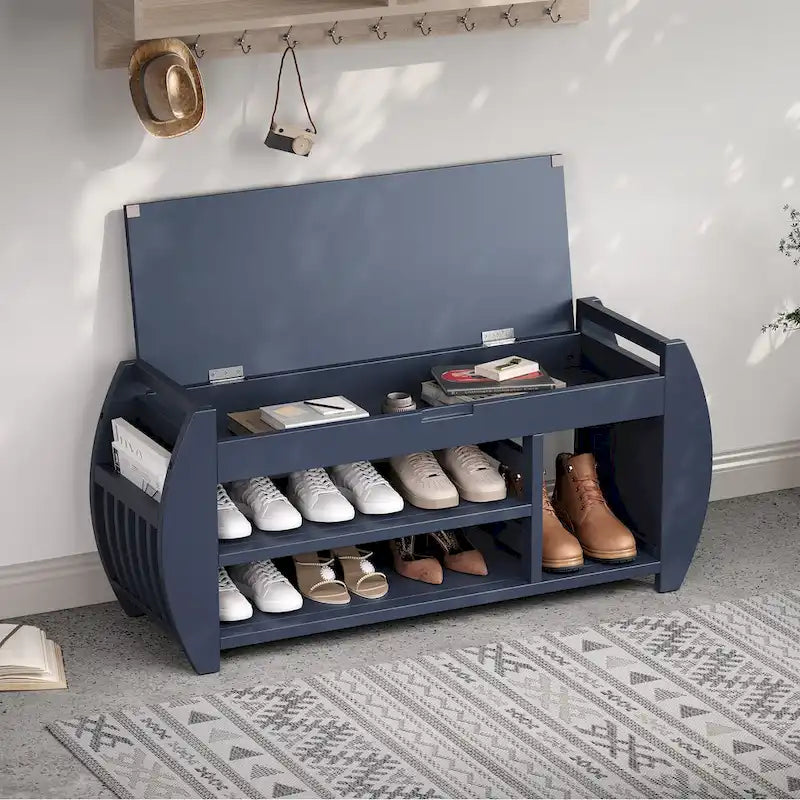 Retro Multifunctional Storage Bench with Cushion and Curved Side Panel for Entrance and Living room