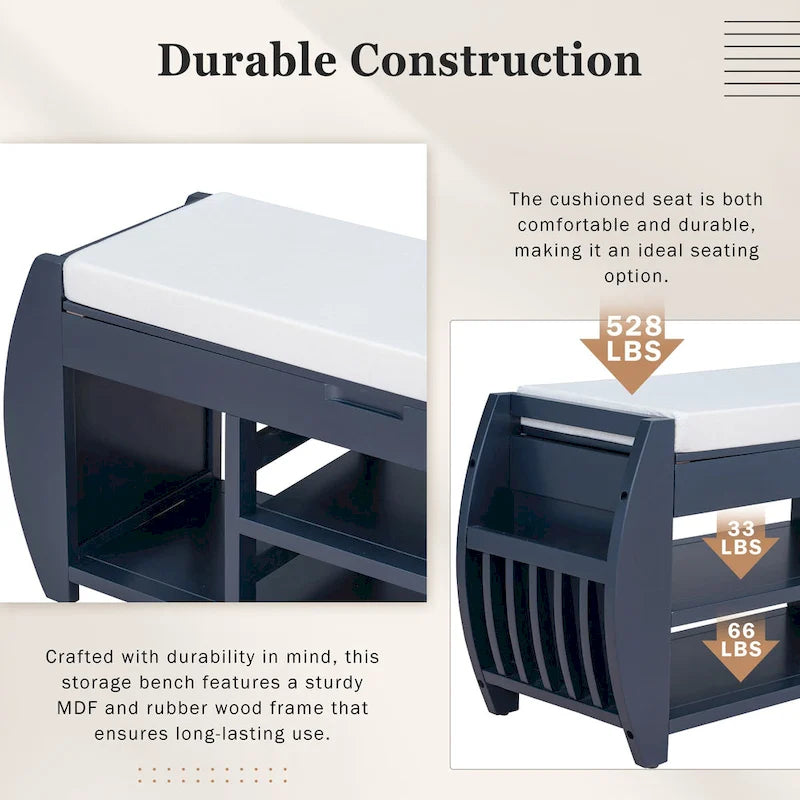 Retro Multifunctional Storage Bench with Cushion and Curved Side Panel for Entrance and Living room