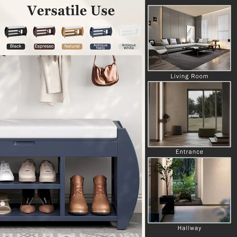 Retro Multifunctional Storage Bench with Cushion and Curved Side Panel for Entrance and Living room