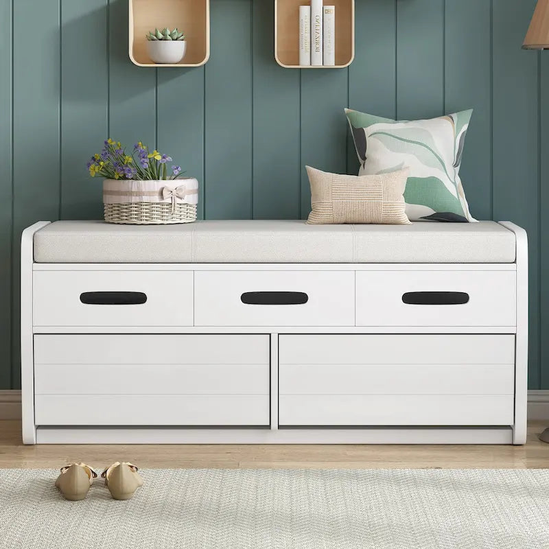 Rustic Storage Bench with 2 Drawers, Hidden Storage Space, and 3 False Drawers at the Top