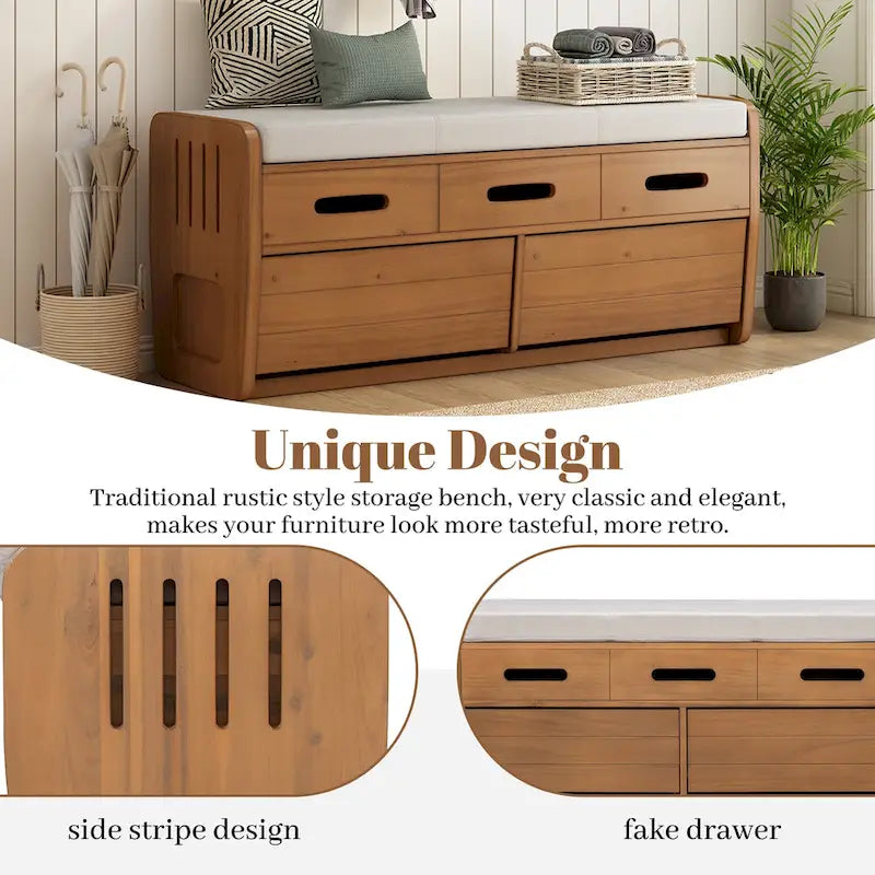 Rustic Storage Bench with 2 Drawers, Hidden Storage Space, and 3 False Drawers at the Top