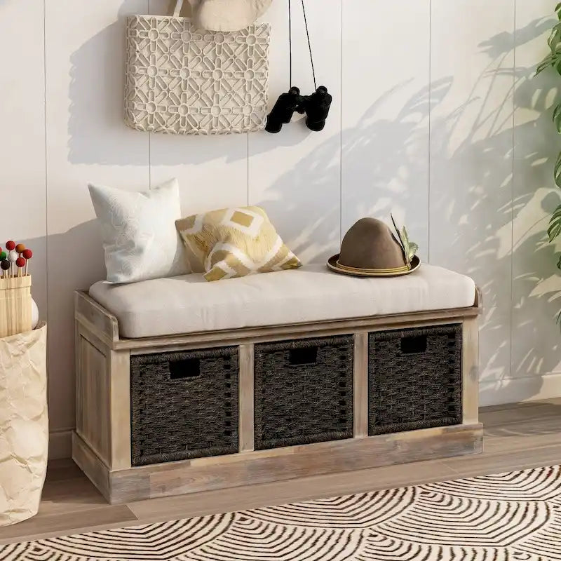 Rustic Storage Bench with 3 Removable Classic Rattan Basket , Entryway Bench Storage Bench with Removable Cushion