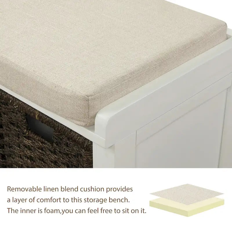 Rustic Storage Bench with 3 Removable Classic Rattan Basket , Entryway Bench Storage Bench with Removable Cushion