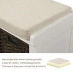 Rustic Storage Bench with 3 Removable Classic Rattan Basket , Entryway Bench Storage Bench with Removable Cushion