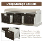 Rustic Storage Bench with 3 Removable Classic Rattan Basket , Entryway Bench Storage Bench with Removable Cushion