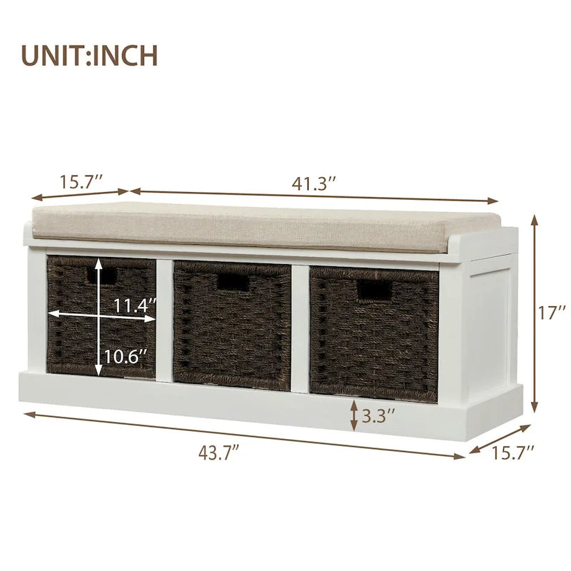 Rustic Storage Bench with 3 Removable Classic Rattan Basket , Entryway Bench Storage Bench with Removable Cushion