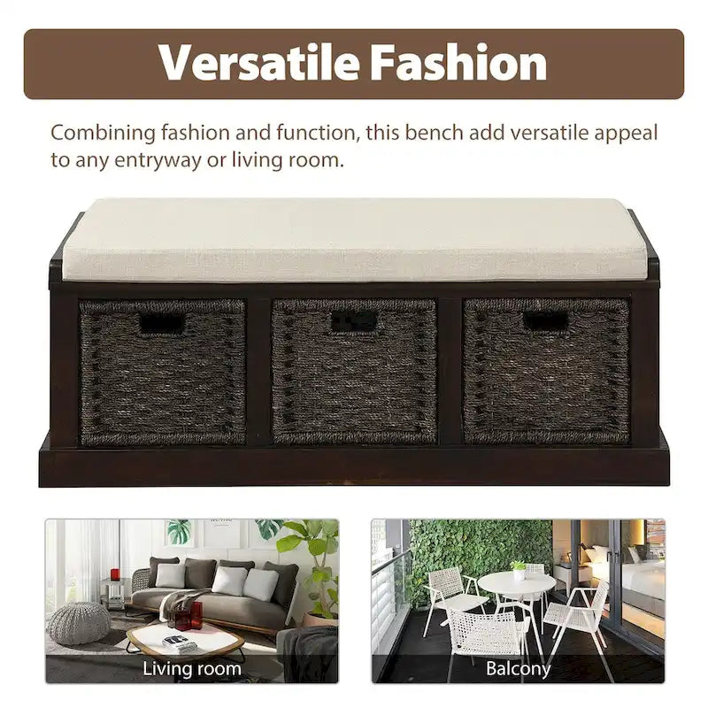 Rustic Storage Bench with 3 Removable Classic Rattan Basket , Entryway Bench Storage Bench with Removable Cushion
