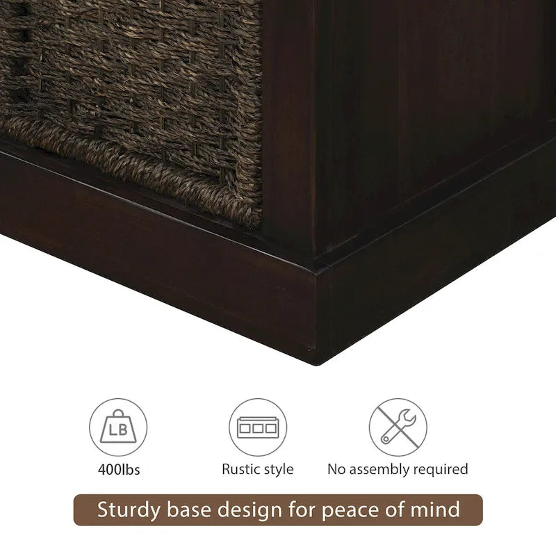 Rustic Storage Bench with 3 Removable Classic Rattan Basket , Entryway Bench Storage Bench with Removable Cushion
