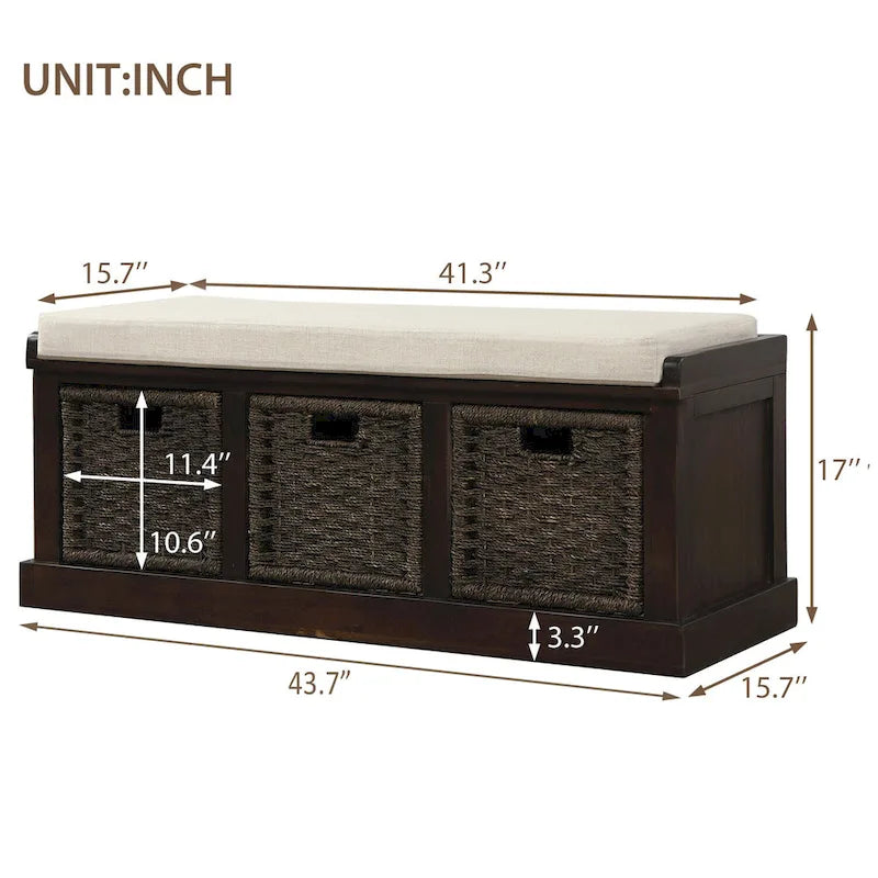 Rustic Storage Bench with 3 Removable Classic Rattan Basket , Entryway Bench Storage Bench with Removable Cushion