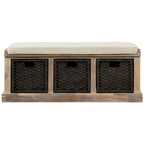 Rustic Storage Bench with 3 Removable Classic Rattan Basket , Entryway Bench Storage Bench with Removable Cushion