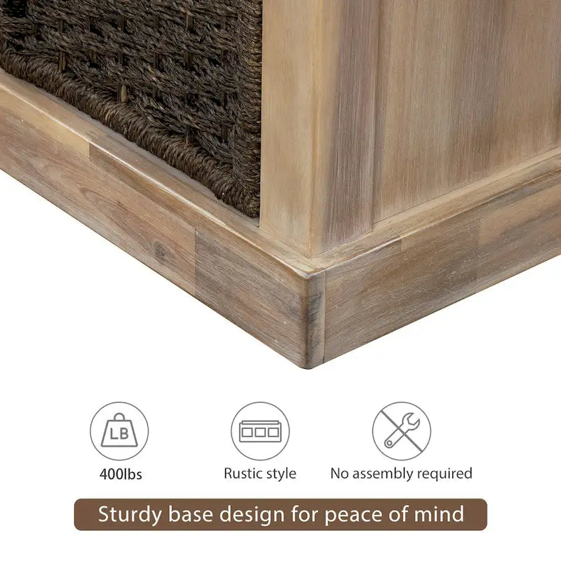 Rustic Storage Bench with 3 Removable Classic Rattan Basket , Entryway Bench Storage Bench with Removable Cushion