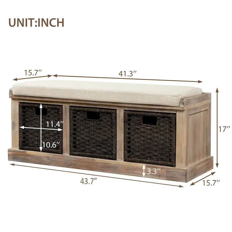 Rustic Storage Bench with 3 Removable Classic Rattan Basket , Entryway Bench Storage Bench with Removable Cushion