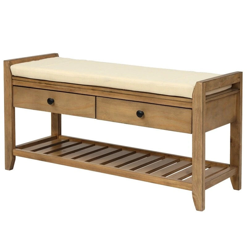 Entryway Storage Bench, Shoe Rack with Cushioned Seat and Drawers
