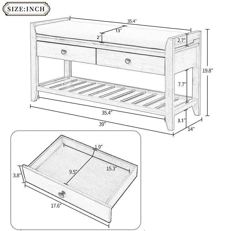 Entryway Storage Bench, Shoe Rack with Cushioned Seat and Drawers