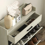 Narrow Shoe Cabinet, Industrial Shoe Storage Cabinet with 2 Flip Drawers, Adjustable Shelves, and Top Drawer