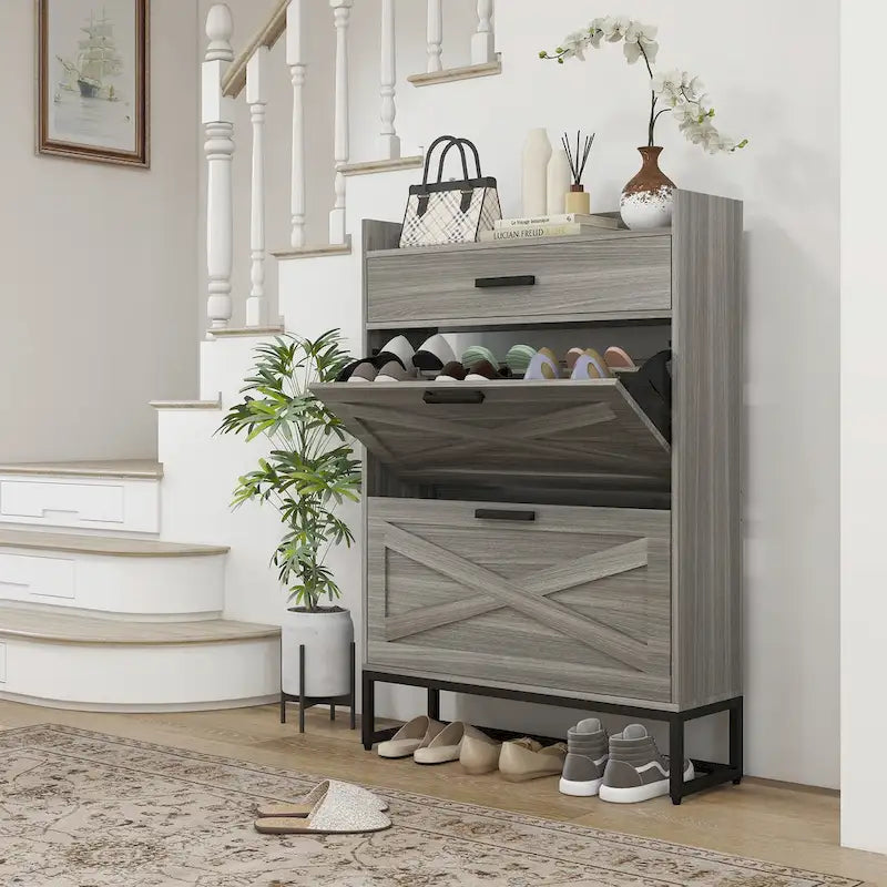 Narrow Shoe Cabinet, Industrial Shoe Storage Cabinet with 2 Flip Drawers, Adjustable Shelves, and Top Drawer
