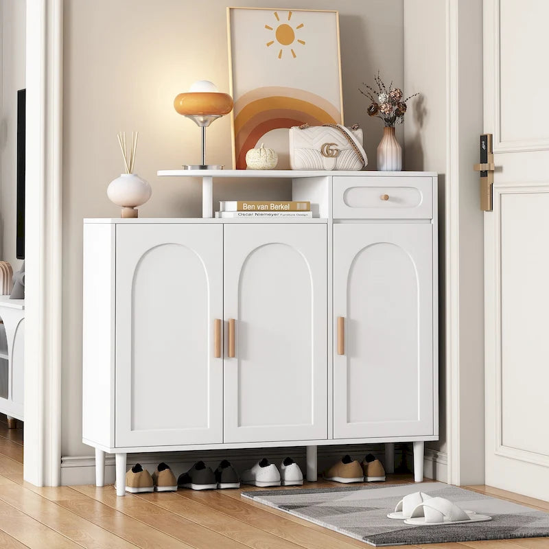 Elegant Shoe Cabinet with Arched Doors and Drawer, Cream Style Storage Sideboard with Adjustable Shelves and Solid Wood Legs