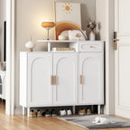 Elegant Shoe Cabinet with Arched Doors and Drawer, Cream Style Storage Sideboard with Adjustable Shelves and Solid Wood Legs
