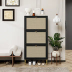 Rattan 3 Door Shoe Rack, Freestanding Modern Shoe Storage Cabinet