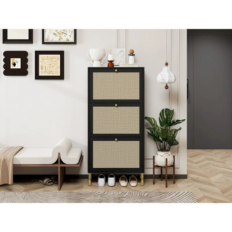 Rattan 3 Door Shoe Rack, Freestanding Modern Shoe Storage Cabinet