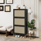 Rattan 3 Door Shoe Rack, Freestanding Modern Shoe Storage Cabinet