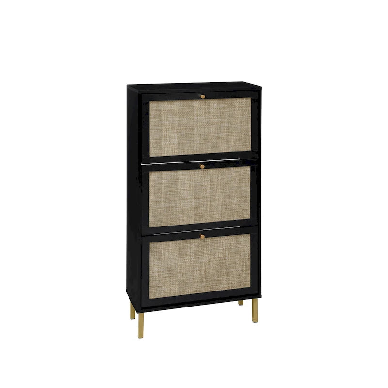 Rattan 3 Door Shoe Rack, Freestanding Modern Shoe Storage Cabinet