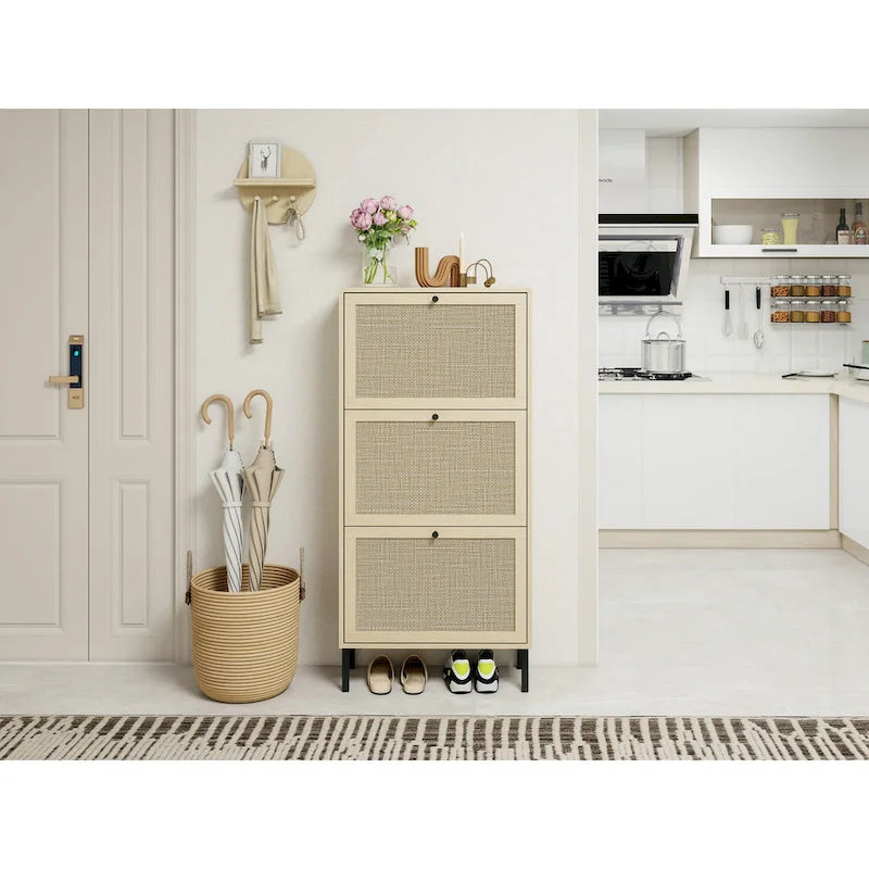 Rattan 3 Door Shoe Rack, Freestanding Modern Shoe Storage Cabinet