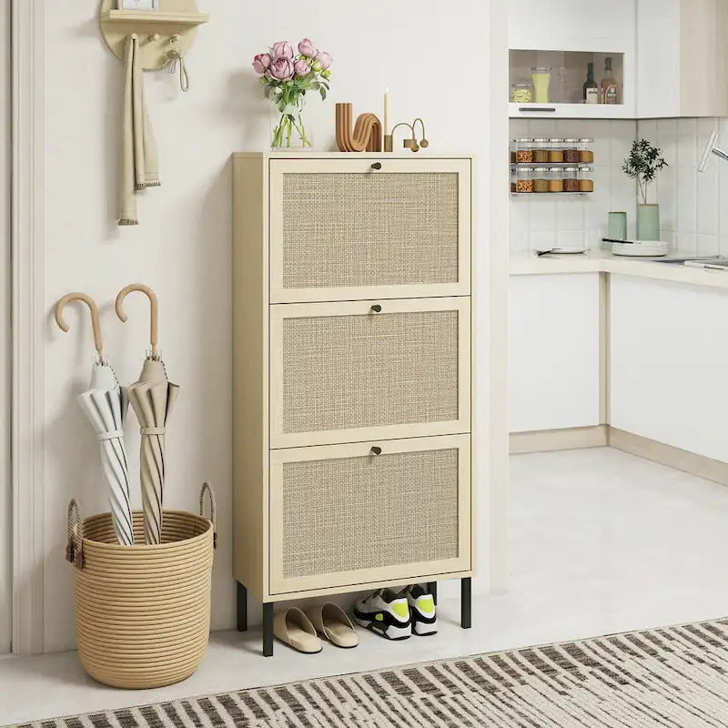 Rattan 3 Door Shoe Rack, Freestanding Modern Shoe Storage Cabinet