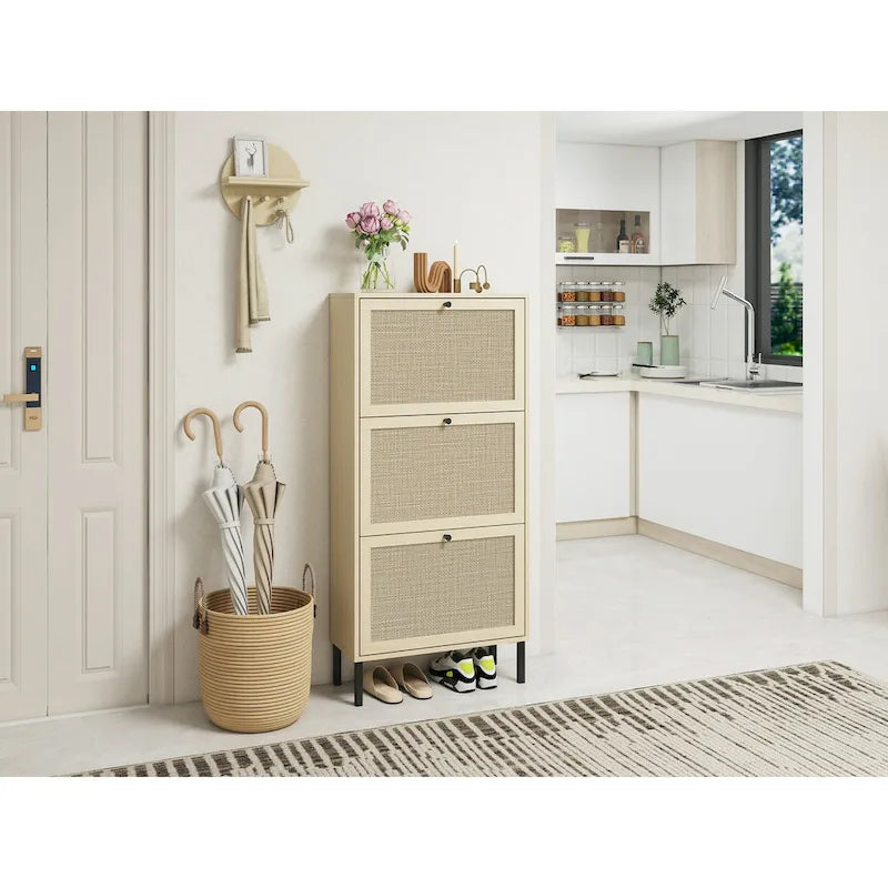 Rattan 3 Door Shoe Rack, Freestanding Modern Shoe Storage Cabinet
