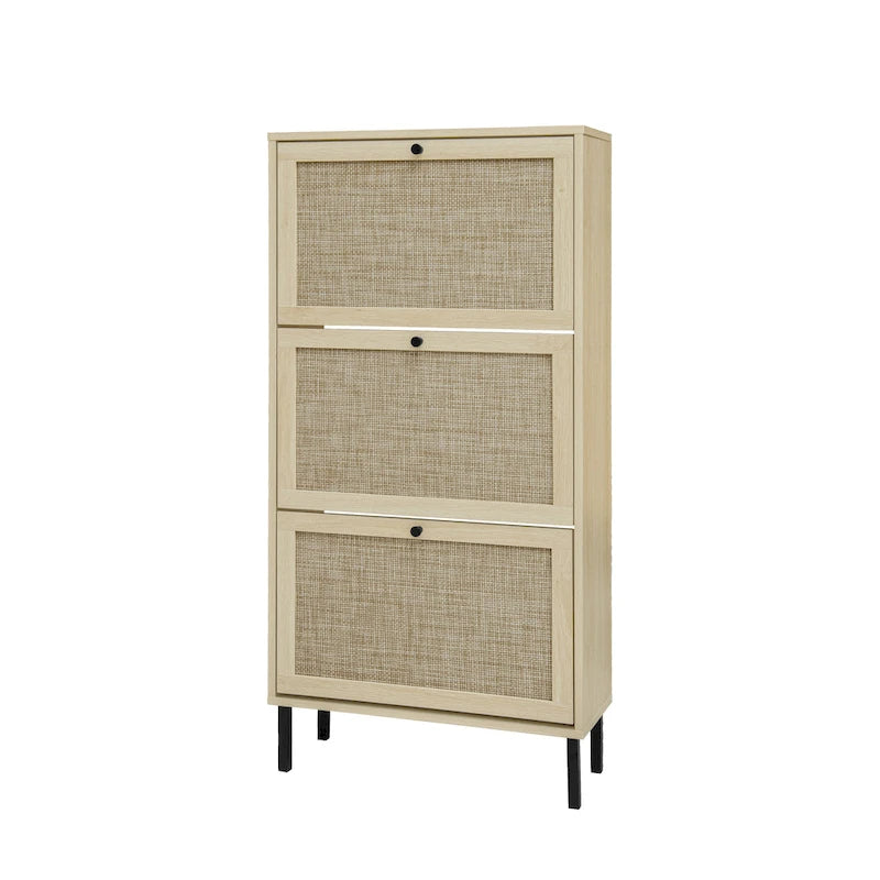 Rattan 3 Door Shoe Rack, Freestanding Modern Shoe Storage Cabinet