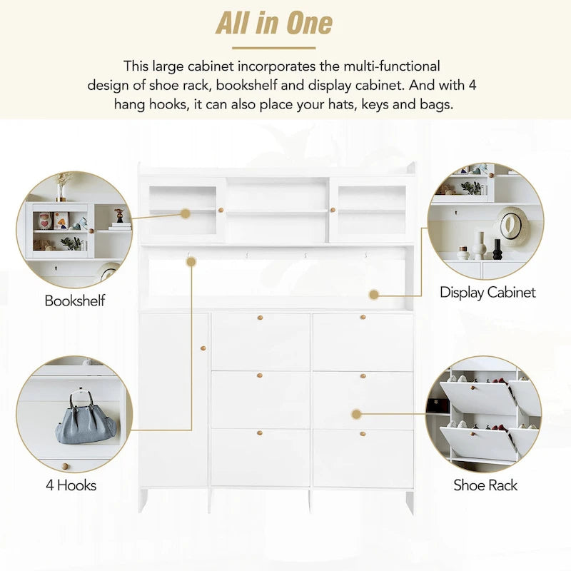 Multifunctional Tipping Bucket Shoe Cabinet with Storage Shelf & 6 Flip Drawers, Large Hall Tree with Tempered Glass Doors