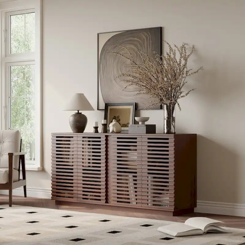 Hollow Cabinet Door Large Storage Cabinet For Living Room,Dining Room,Bedroom,Hall,Rosewood Oak,59.92W X 15.75D X 29.53H