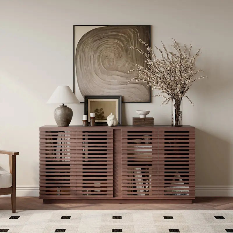 Hollow Cabinet Door Large Storage Cabinet For Living Room,Dining Room,Bedroom,Hall,Rosewood Oak,59.92W X 15.75D X 29.53H
