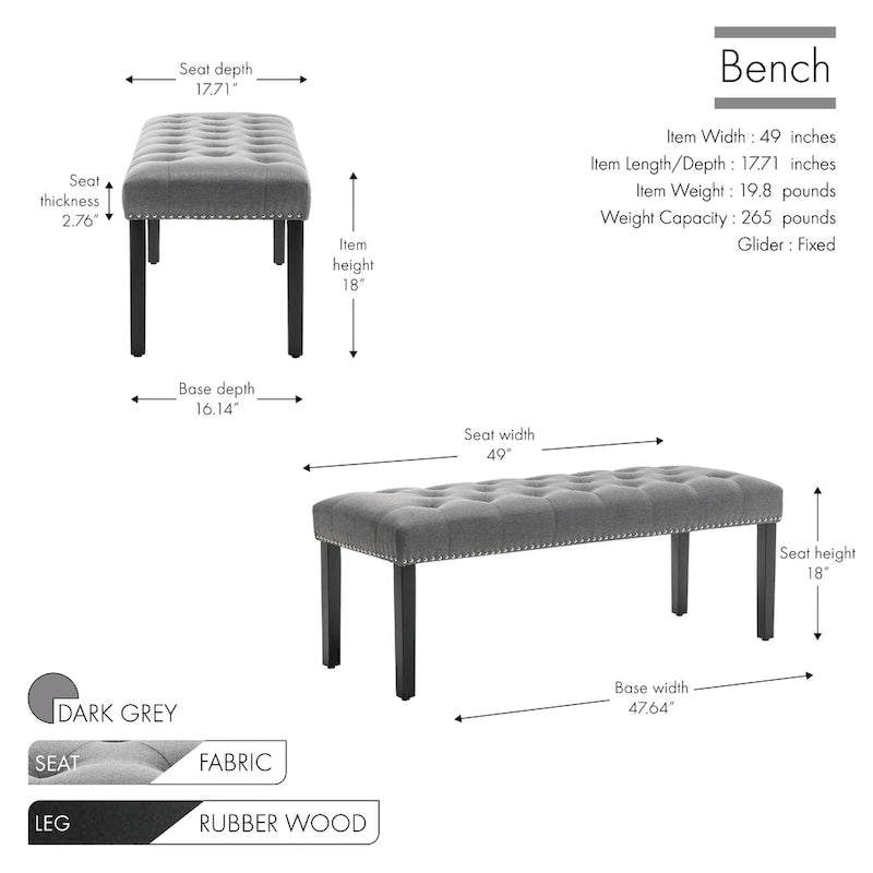 Porthos Home Gil Fabric Upholstered Accent Bench with Rubberwood Legs
