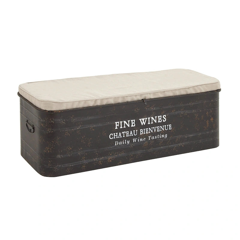 Metal Storage Bench with Cream Burlap Top and Champagne Typography - Brown - Roche River Decor - 16W x 48L x 17H