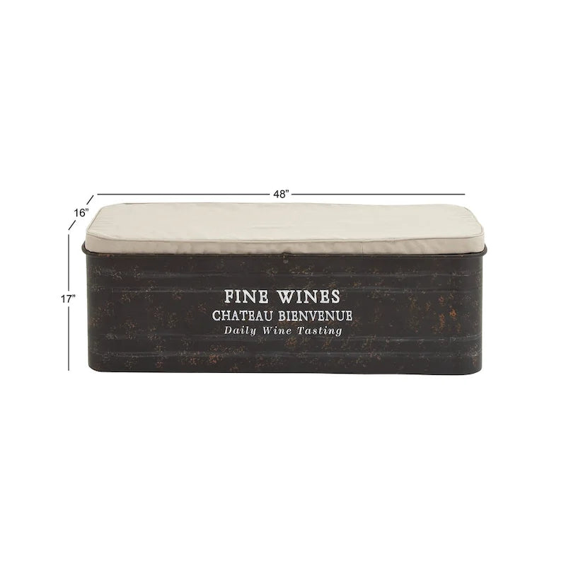 Metal Storage Bench with Cream Burlap Top and Champagne Typography - Brown - Roche River Decor - 16W x 48L x 17H