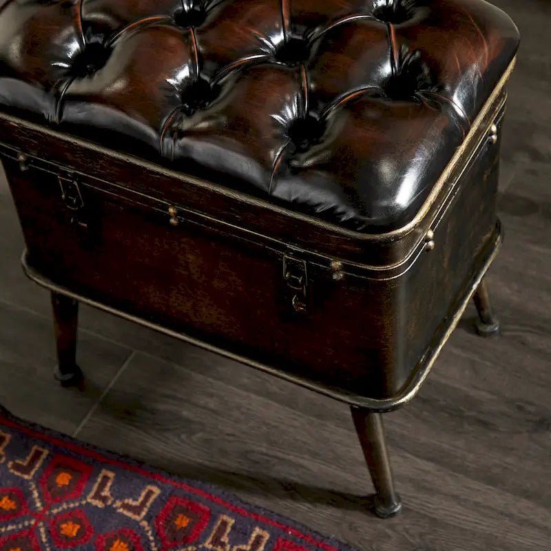 Metal Weathered Storage Bench with Black Tufted Faux Leather - Set of 3 Brown - Roche River Decor - 16W x 48L x 21H