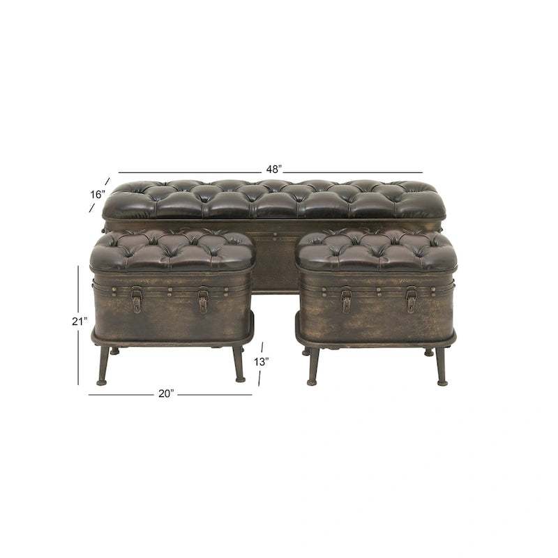 Metal Weathered Storage Bench with Black Tufted Faux Leather - Set of 3 Brown - Roche River Decor - 16W x 48L x 21H