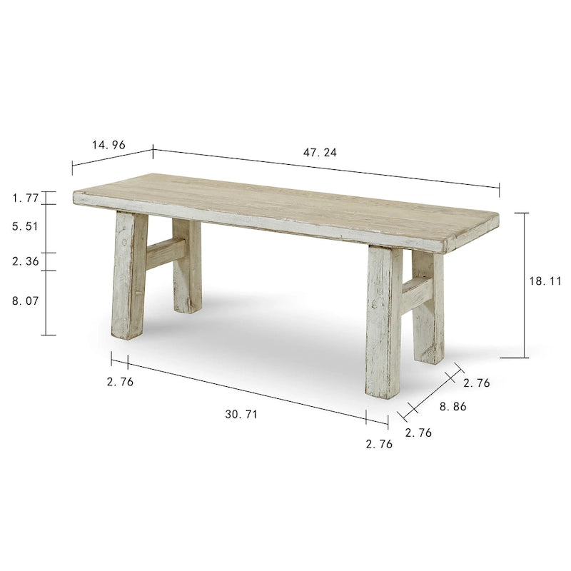 Artissance Small Amalfi Old Pine Wood Bench, 47 Inch Long, Antique Off White Finish