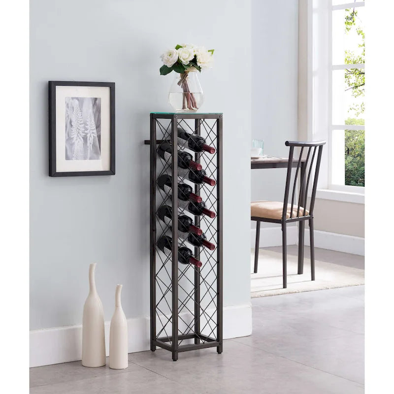 Pewter Wine Rack with Tempered Glass Shelf for 13 Bottles