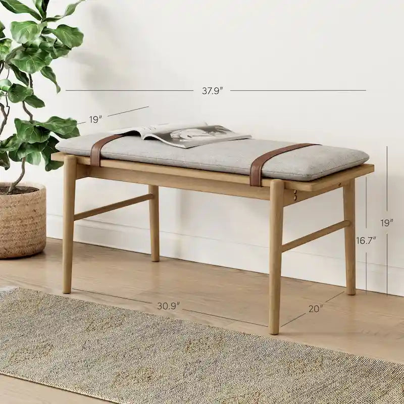 Nathan James Gugan Mid-Century Light Brown Bench with Removable Ivory Cushion for Bedroom and Hallway